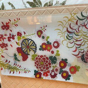 Vintage Glass Rectangle Tray with Colorful Flower Print Design